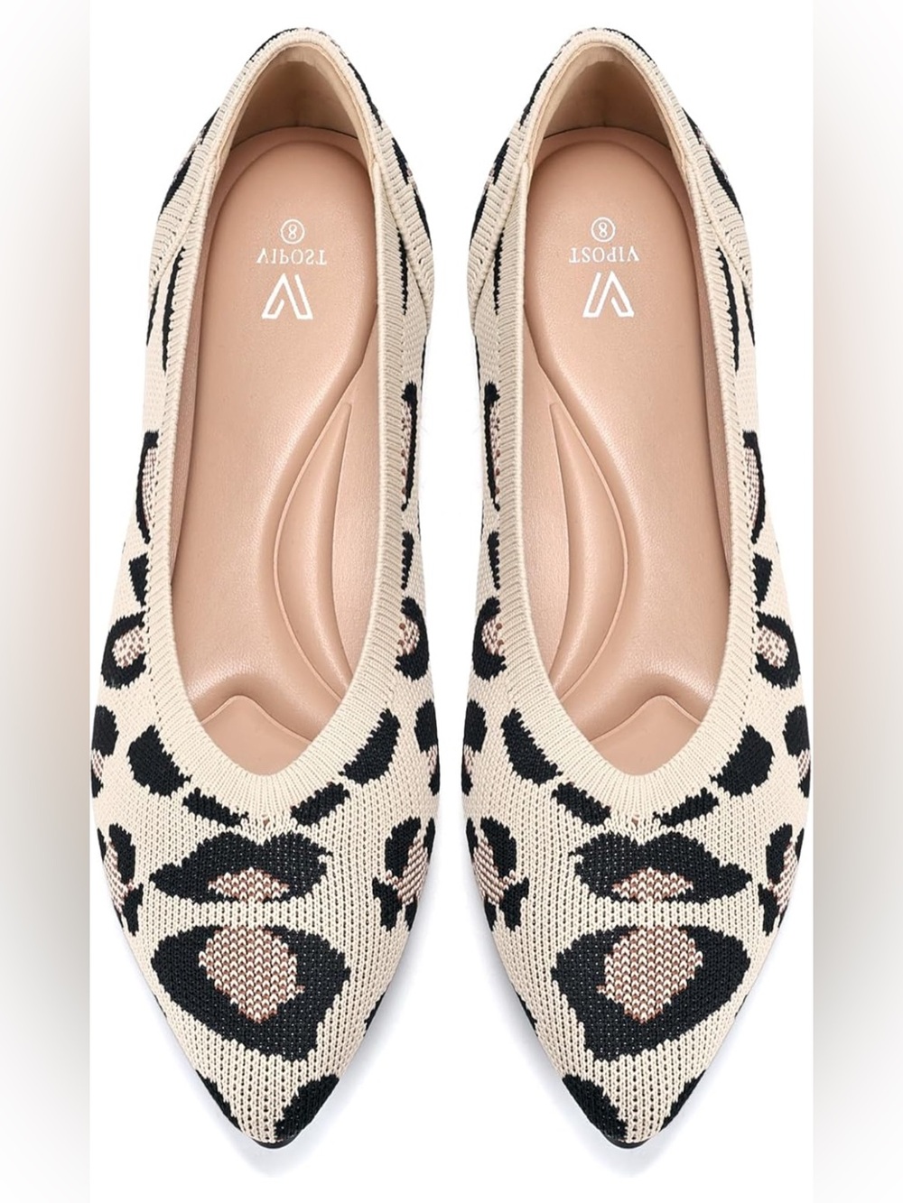 Vipost Knit Pointed Ballet Flats Cream and Black Leopard size 10